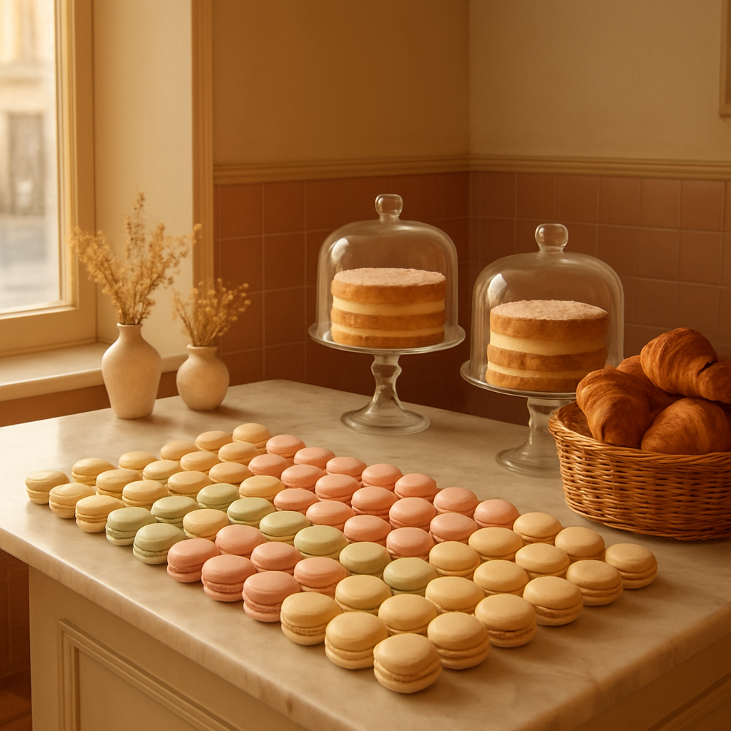 Inside Y & M Patisserie — pastries and cakes displayed on a marble counter