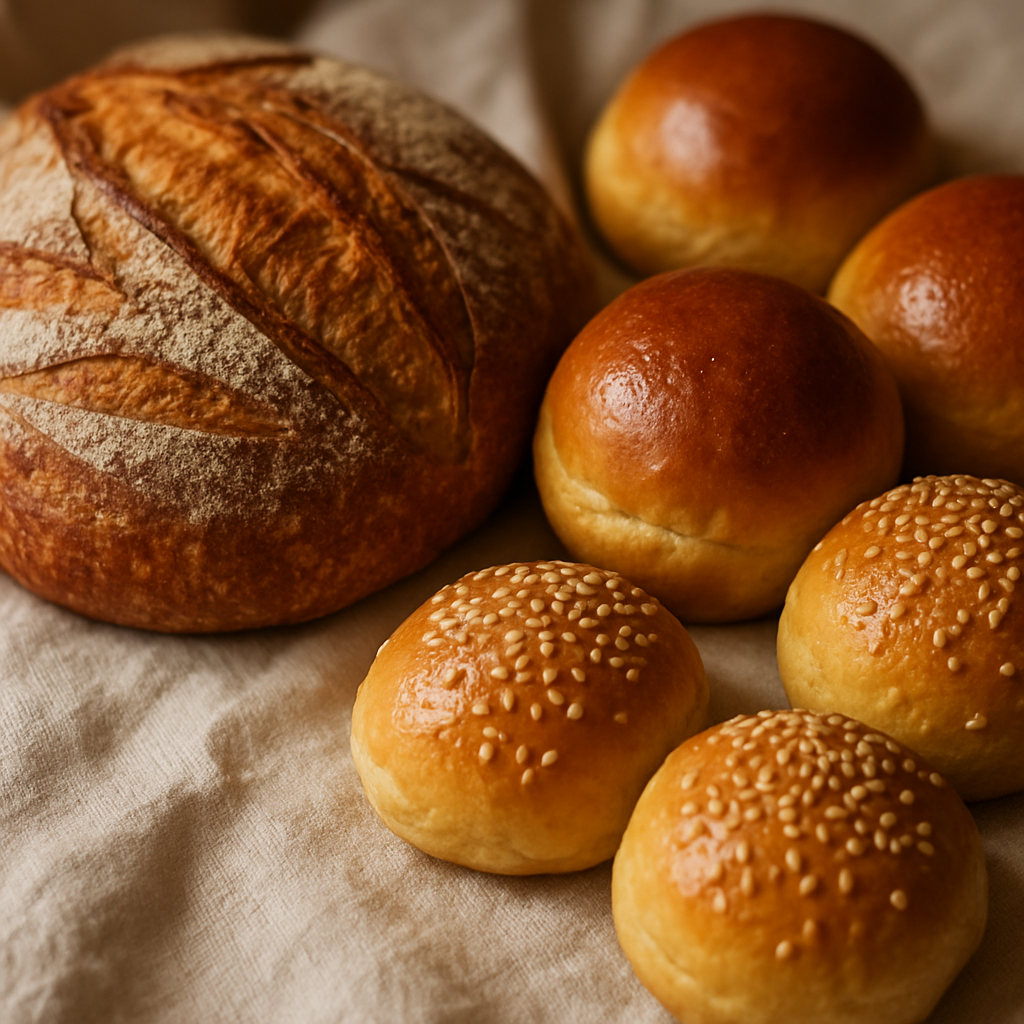 Rustic artisan sourdough bread and brioche buns on white linen
