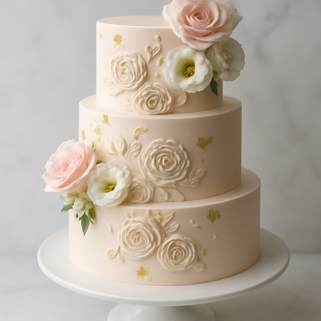 Elegant multi-tier custom celebration cake decorated with buttercream roses and gold leaf