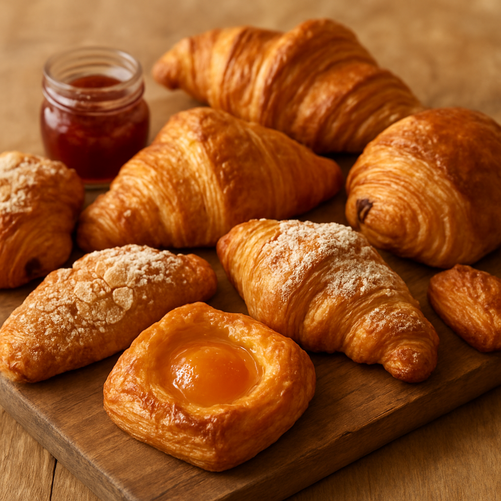 Assortment of freshly baked croissants and danishes arranged on a wooden board